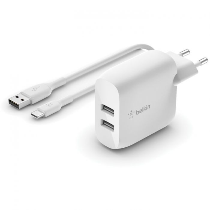 Belkin Dual USB Wall Charger + USB-A naar USB-C kabel – 24W Oplader Wit
