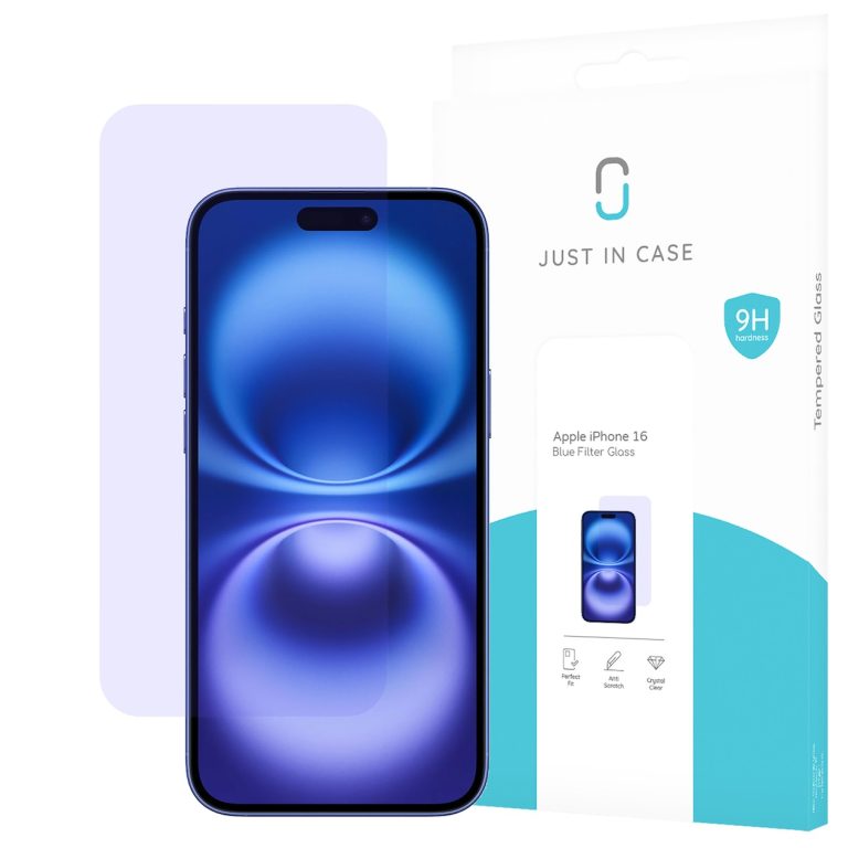 Just in Case Blue Filter Tempered Glass voor Apple iPhone 16 Smartphone screenprotector