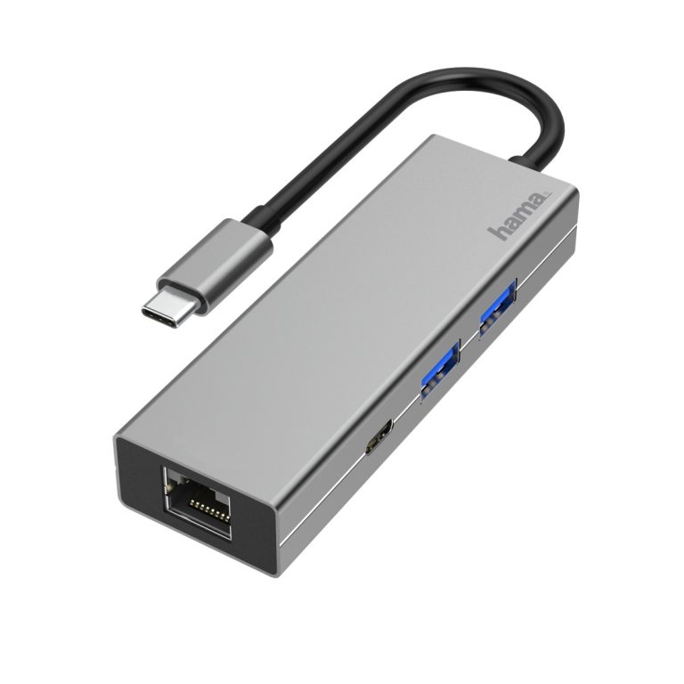 Hama USB-C-multiport-adapter, 4-poorts, 2x USB-A, USB-C, LAN/ethernet USB Hub Grijs